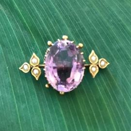 Antique Victorian Amethyst Brooch with seed pearls set in 14 K Gold 