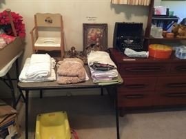Vintage typewriter, potty chair, tablecloths and more