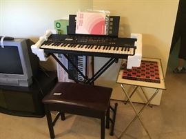 Keyboard and stool; checkers TV tray