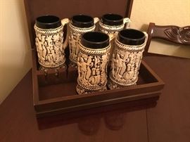 Wood silverware box & set of beer mugs
