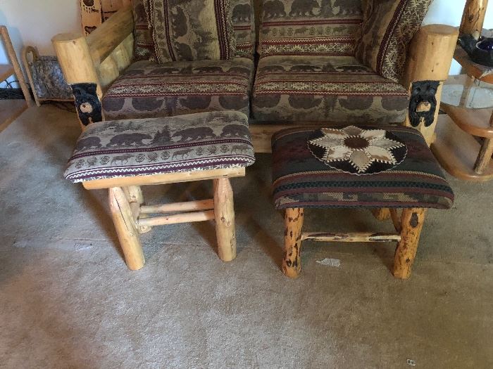 2 hand crafted knotty pine foot stool/ottoman adorned with Southwest upholstery.