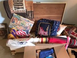 Cedar chest filled with wool, crocheted and horse blankets