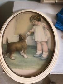 A Girl and Her dog Vintage oval pictures with concave glass