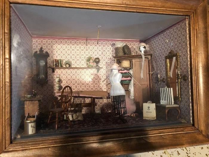 Shadow Box Vintage Doll scene with antique doll Furniture