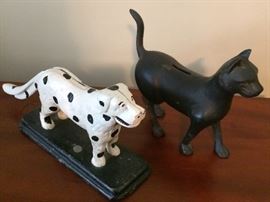 Vintage metal dog "nut cracker" and black cat "bank"