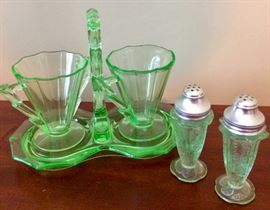 Depression era green glassware..... sugar and creamer AND salt and pepper shakers