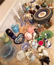 Table full of bric-a-brac and collectibles!