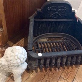 Concrete poodle and vintage coal grate for your fireplace!