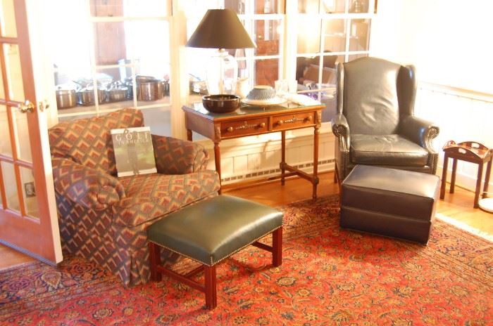 Leather chair and ottoman, writing desk