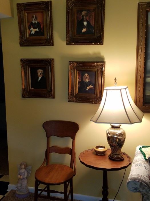 framed dog art, antique chair and table