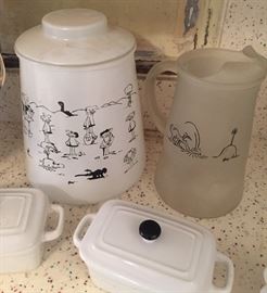 Vintage B.C. Johnny Hart ZOT Frosted Glass Pitcher and Canister Anteater/ Aardvark B.C.Comics