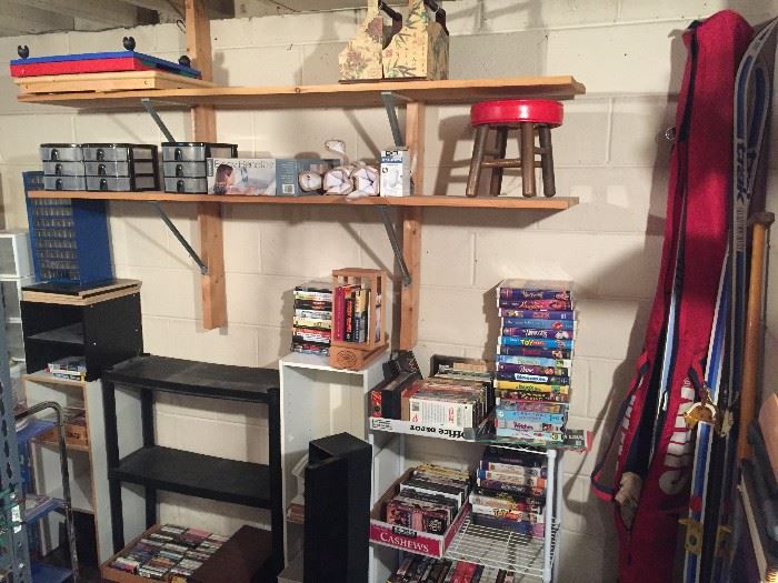 VHS and audio books and storage units, shelving