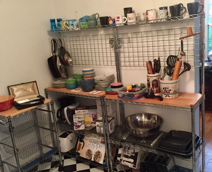 Kitchen pots, pans, baking sheet, coffee pots, toasters, utensils, dishes...kitchen carts and shelves are for sale!