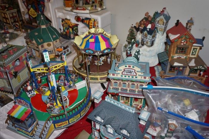 Close-up of Christmas village items