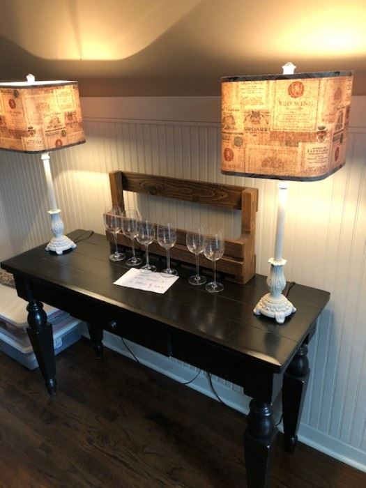 Hutch, unique lamps, wine rack and wine glass holder for bar.  