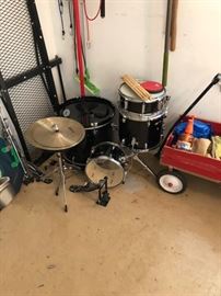 Drum set.  **Note: Base drum is broken and inoperable.  Remainder of set is in used condition, but will need new base drum to fulfill set. 