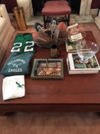 Footballs, Football jerseys signed by PINDER, Running shoes, Vintage Oriental coffee table 