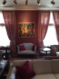 Love seat, tables, lamps, French furniture, English furniture, art work, matching sofas (Henredon) 