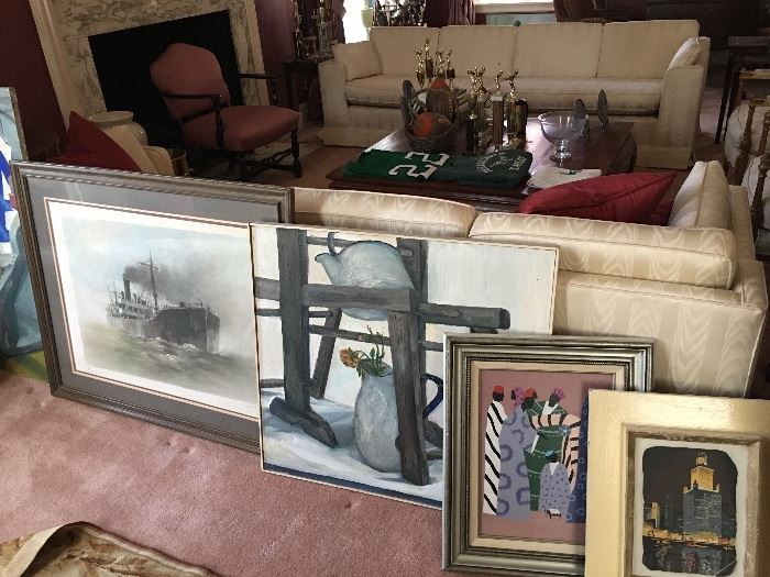Artwork by assorted artist, a pair of matching 4 seat sofas by Henredon