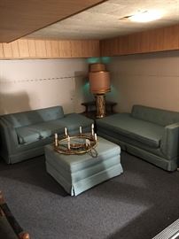 Mid Century Modern sectional sofa and hassock ottoman footstool, lighting, chandelier, 