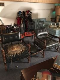 Golf clubs and golf balls and golf bags vintage chairs, clock, records, furniture, barware, Arthur Umanoff Mid Century Modern furniture