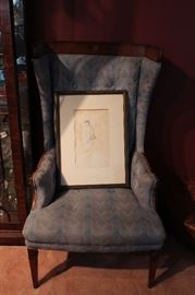 Wing back 1960's blue chair with a sweet etching by Barbara Pinder! 