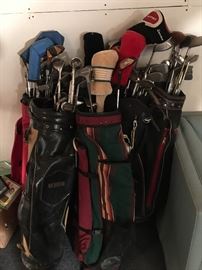 Golf clubs and bags. 