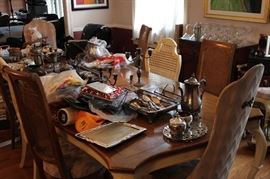 French Provincial (Hollywood Glam) dining table and cane backed chairs. Coffee service, servers,