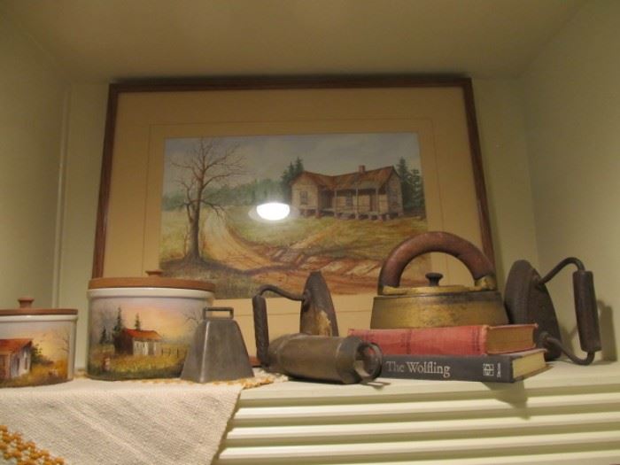 Sad irons, Robinson Rasnbottom crocks painted, painting of an old country house
