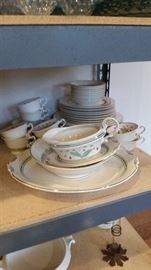Coralbel pattern by Syracuse China, beautiful pink & green floral with platinum band, including serving platter, round vegetable, gravy boat & underplate, dinner, salad/dessert, cup & saucer sets, & fruit bowls 