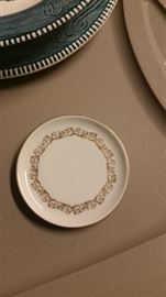 China coasters, gold accent - 2, 2 Currier & Ives serving pieces - SOLD