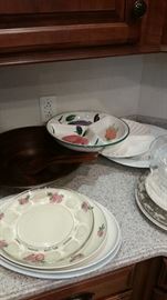 Wooden salad bowl & fork/spoon servers, Italian ceramic divided server, deviled egg tray, misc. platters. 