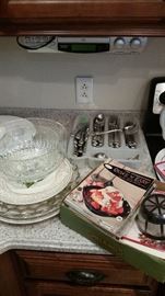 Hafnia stainless set - 12, large crystal bowl, misc. plates & platters, vintage cook booklets, permanent coffee filter-new.