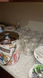 Great vintage ice bucket, 8 iced shrimp cocktail bowls, swirl parfait cups, Gibson dessert/salad plates.