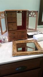 Wooden jewelry box (Japan), mirrored vanity tray, make-up brush set.