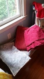 Ralph Lauren twin dust ruffle, queen coverlet-red, LOTS of muslin fabric with beautiful feather print 