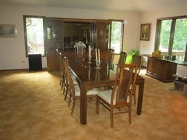 Drexell dining table with 10 chairs $500, will pre-sell
