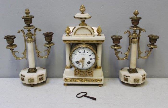 BEDU Signed Marble and Bronze Clock Garniture Set