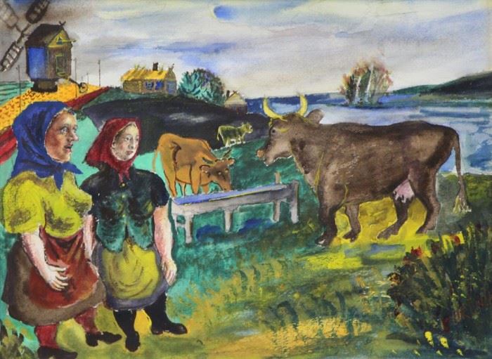 BURLIUK David Watercolor Peasants with Cows