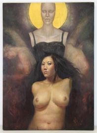 Chinese School Oil on Canvas Nude with Saint