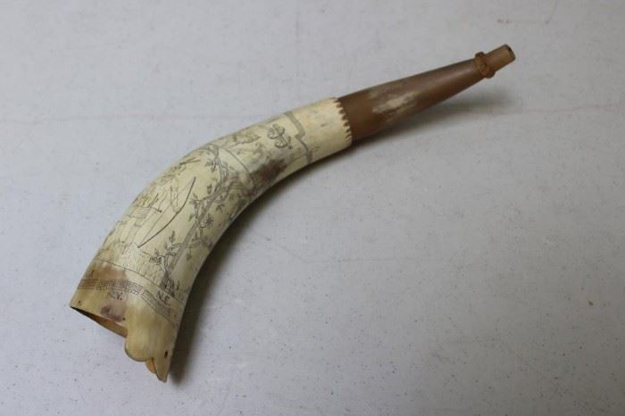 Engraved Scrimshawed Antique Powder Horn