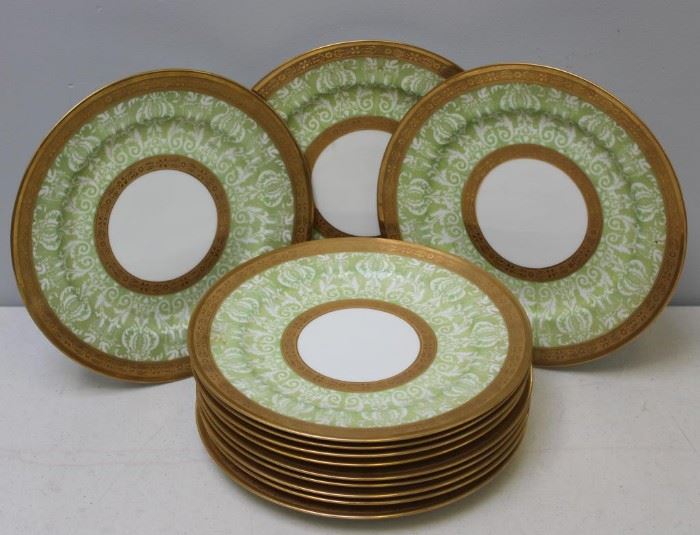 Green Gilt Decorated Porcelain Dinner Plates