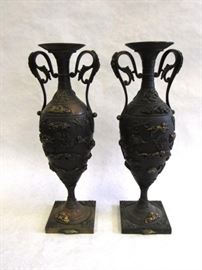 HEBE Signed Pair of Bronze Urns With Mixed