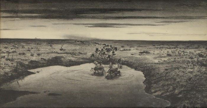 HURD Peter Ink and Charcoal Cows Watering