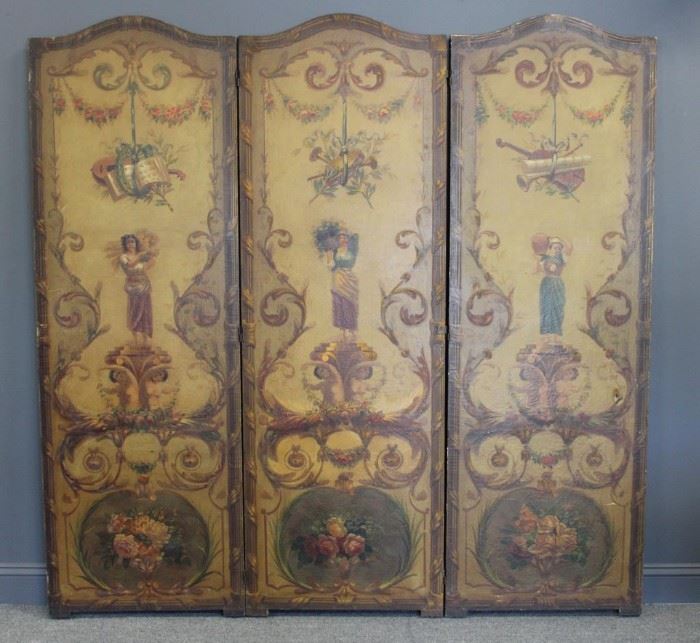 Painted Panel Antique Room Divider Screen
