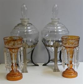 Pair of Etched Amber Glass Lusters together