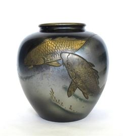 Signed Japanese Mixed Metal Urn with Koi Fish