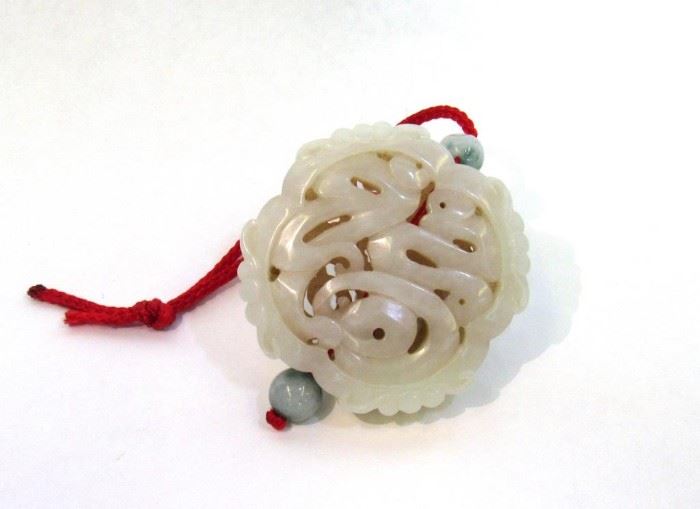 White Jade Hollowed and Carved Shou Pendant