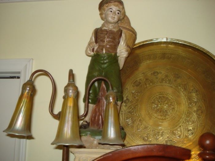 plaster figurine, large brass tray,  Tiffany table lamp signed base & shades