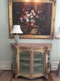 Antique French Cosole Cabinet, Sabine Lamp , large still life oil on canvas ( artist name illegible)